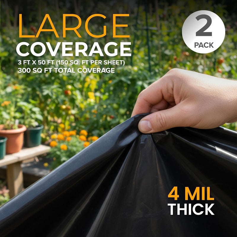 TAPIX Black Plastic Sheeting Roll 3'x50' (2 Pack) – 4 Mil UV Protected, Weed Barrier & Landscape Plastic for Gardening, Root Blocker & Moisture Barrier, Protective Covering for Painting & Equipment - Image 2